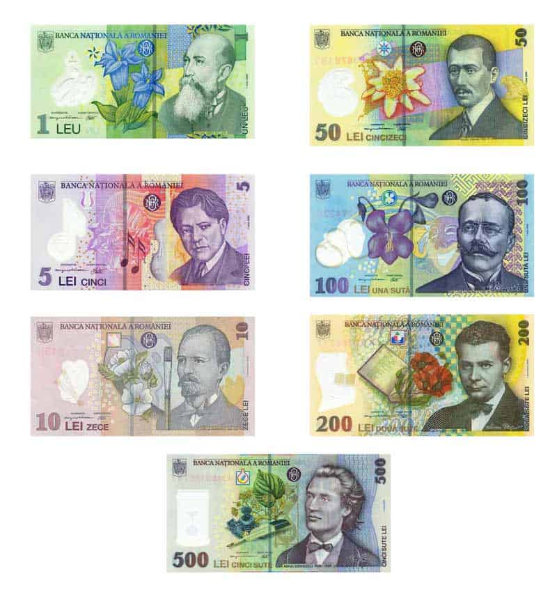 Romanian lei banknotes and coins