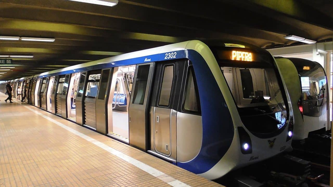 Bucharest metro train at a station