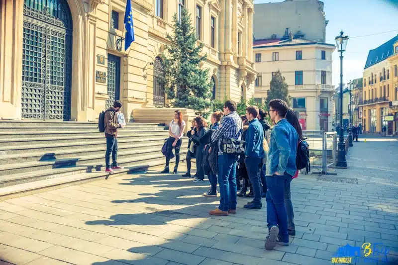 Tour group sitting at tables