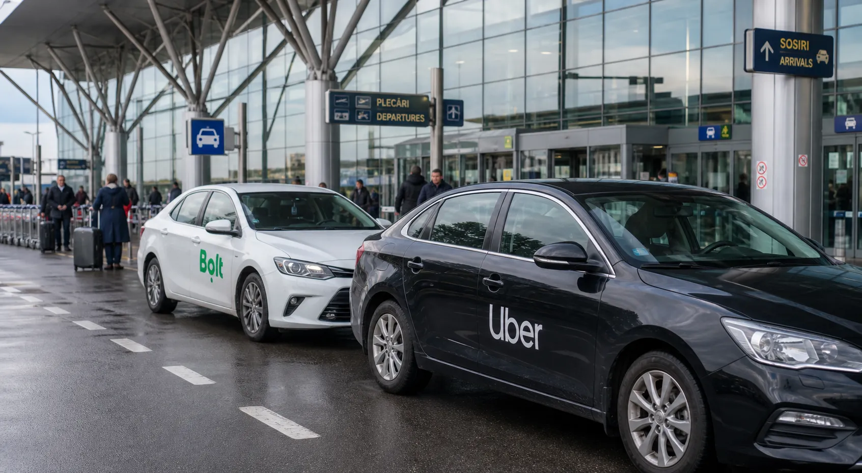 Bolt and Uber cars at the Bucharest Airport rideshare pickup area