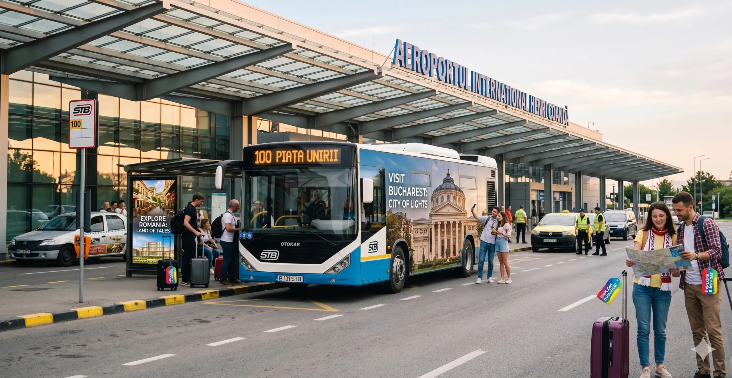 Bus 100 at Bucharest Airport for public transport to the city center
